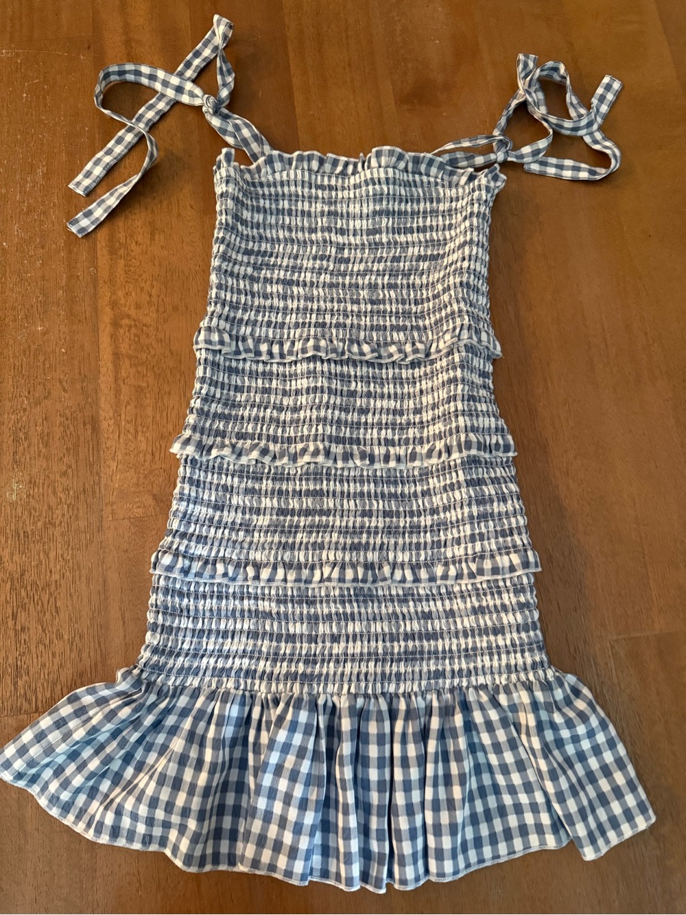 Katie J NYC Blue and White Gingham Smocked Dress
